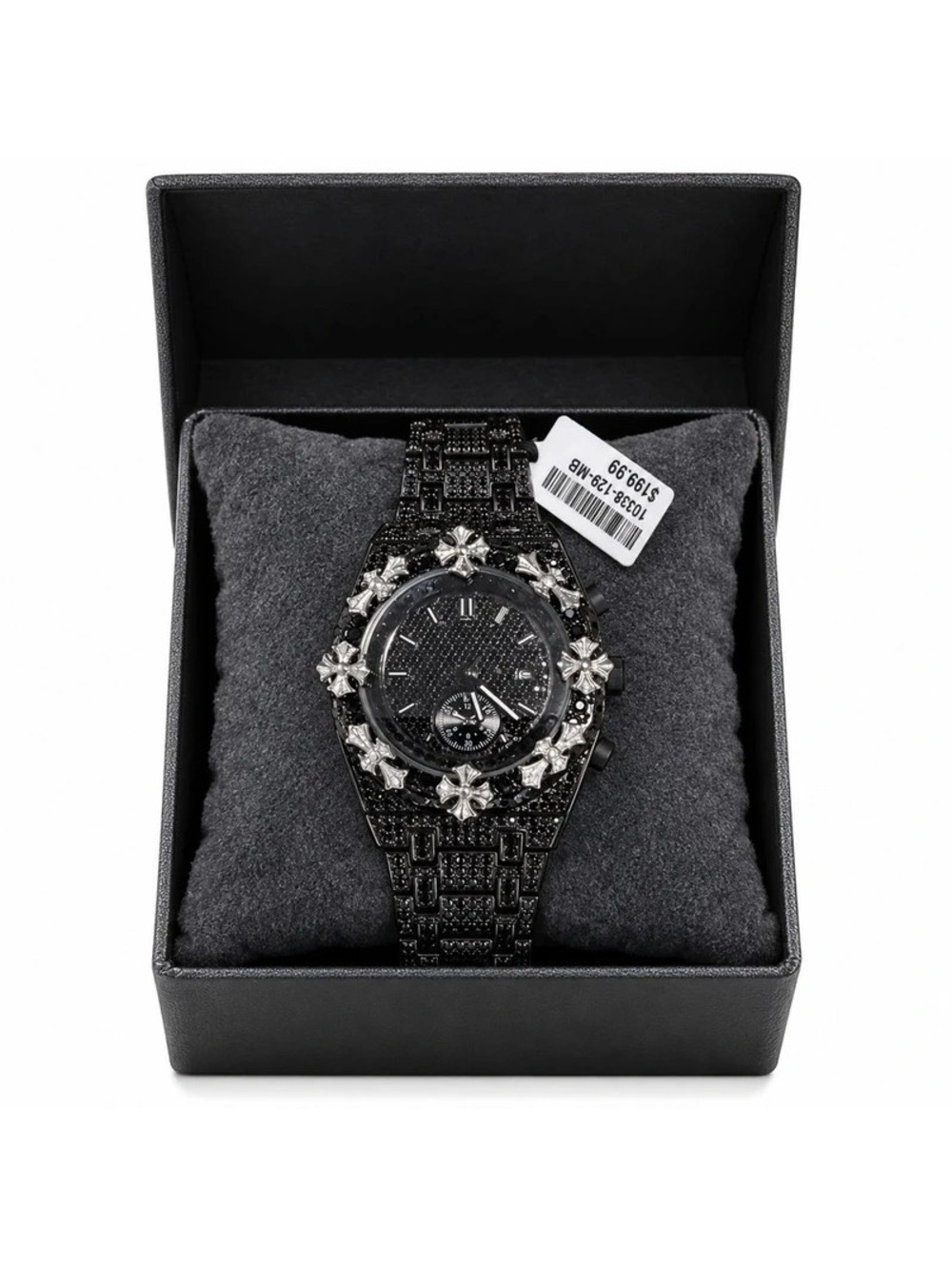 #832 Black Crystal Watch with Silver Tone Flowers 42mm NWT Box